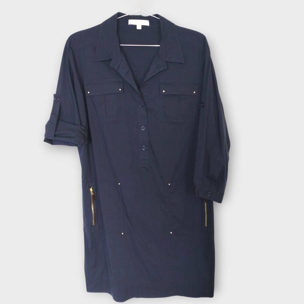 Ellen Tracy Shirt Dress Sz 14 Navy Tab Sleeves Gold Metal Button Front Lagenlook